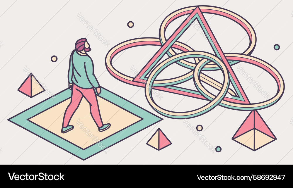 Figures navigating complex interlocking geometric Vector Image