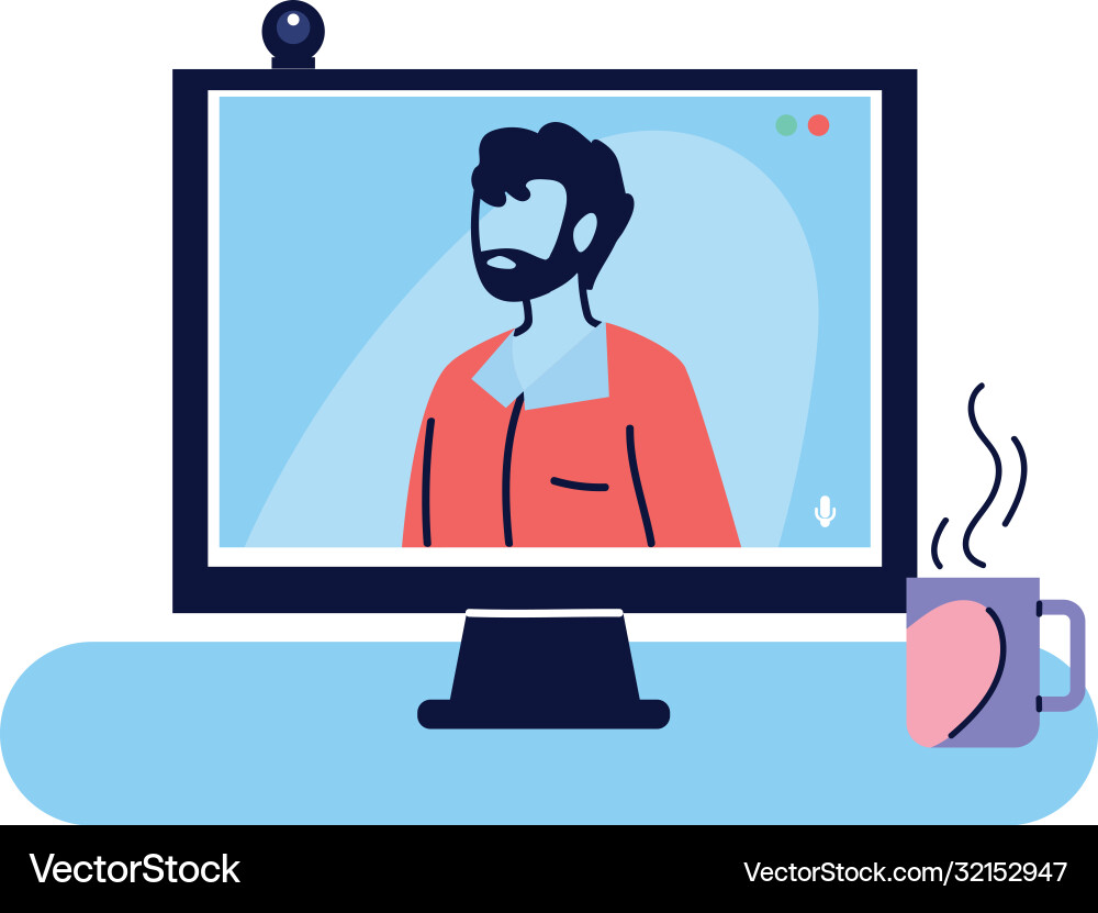 Man on computer video call vector image