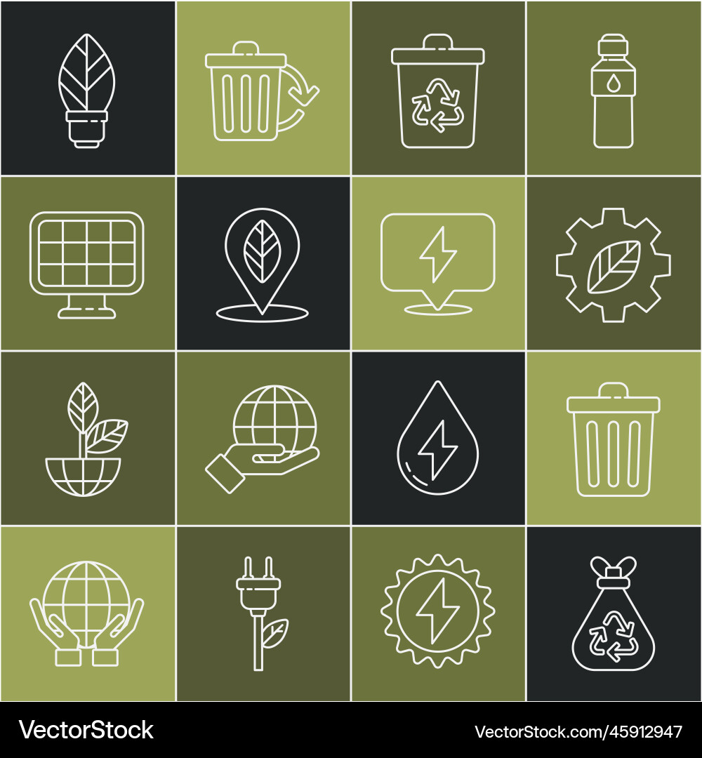 Set line garbage bag with recycle trash can leaf Set line garbage bag with recycle trash can leaf vector image