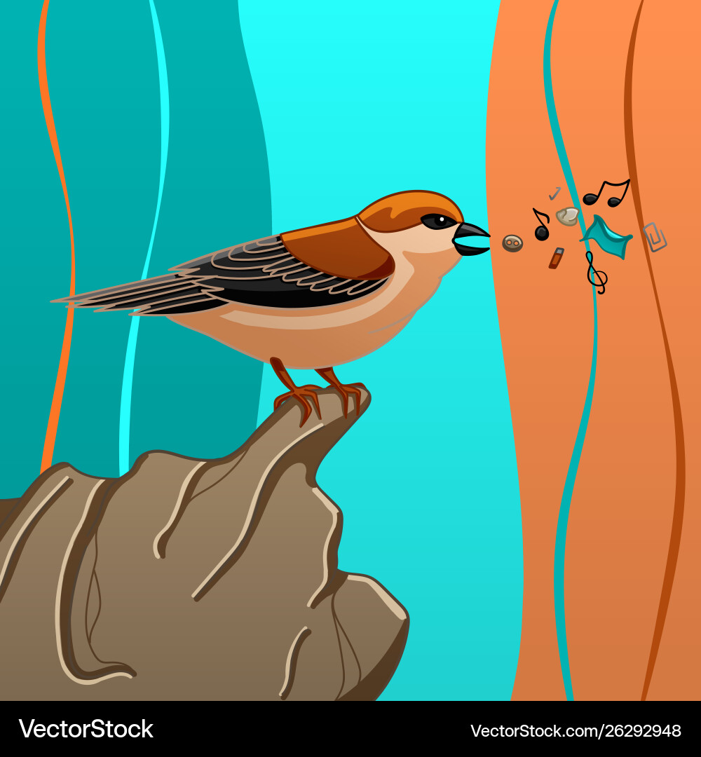 Sparrow with trash on stone colorful background vector image