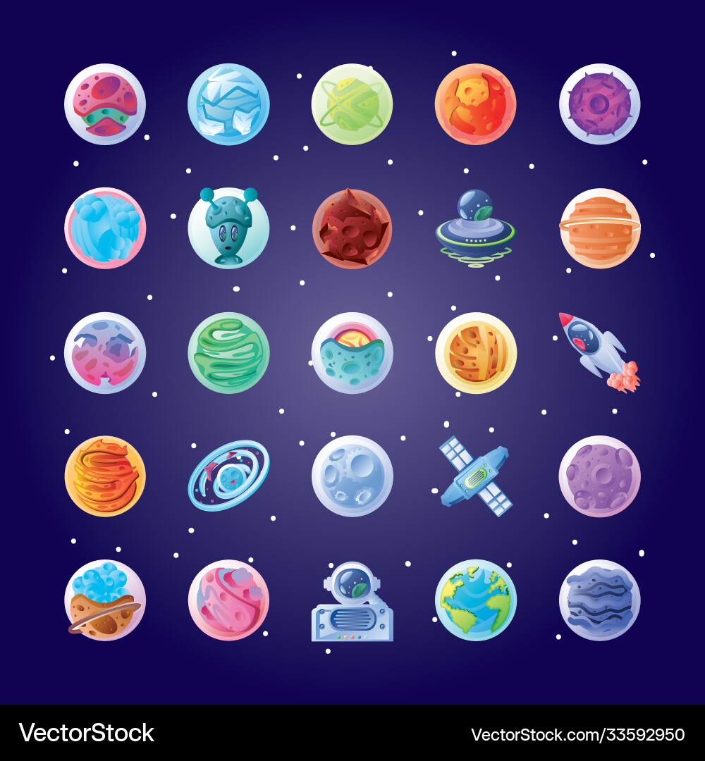 Bundle icons with planets or asteroids Bundle icons with planets or asteroids Vector Image