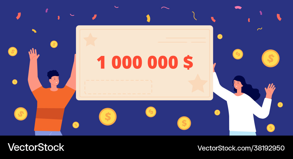 Happy lottery winners guy win adult holding cash Happy lottery winners guy win adult holding cash vector image