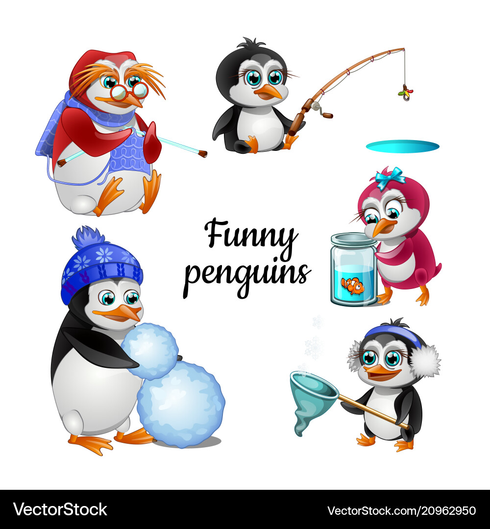 Set von lustigen animierten Pinguinen isoliert auf weiß Set von lustigen animierten Pinguinen isoliert auf weiß vektorbild
