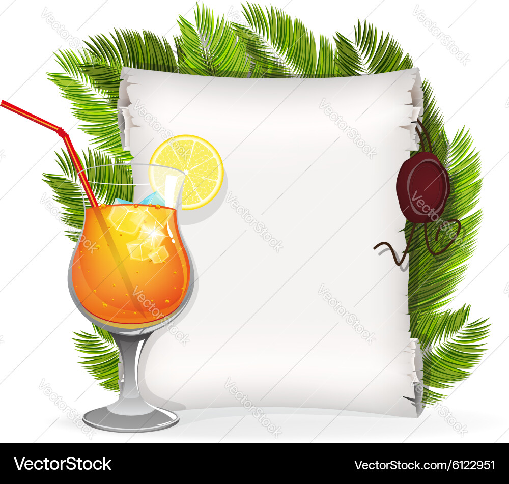 Cocktail with paper scroll and palm branches vector image