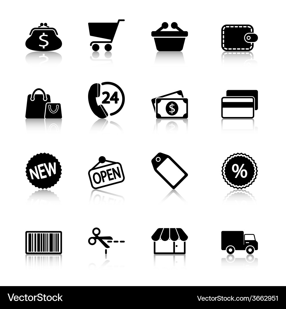 Market icons set with reflection Vector Image