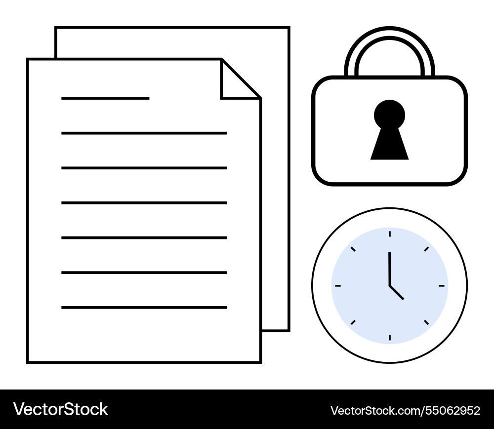 Document with lock and clock representing time Document with lock and clock representing time vector image
