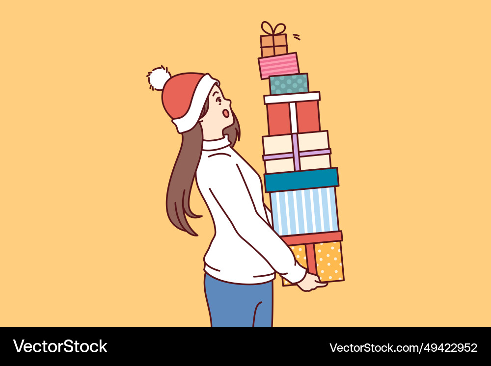 Frau mit Bündel von Weihnachten Geschenke in Händen Frau mit Bündel von Weihnachten Geschenke in Händen vektorbild