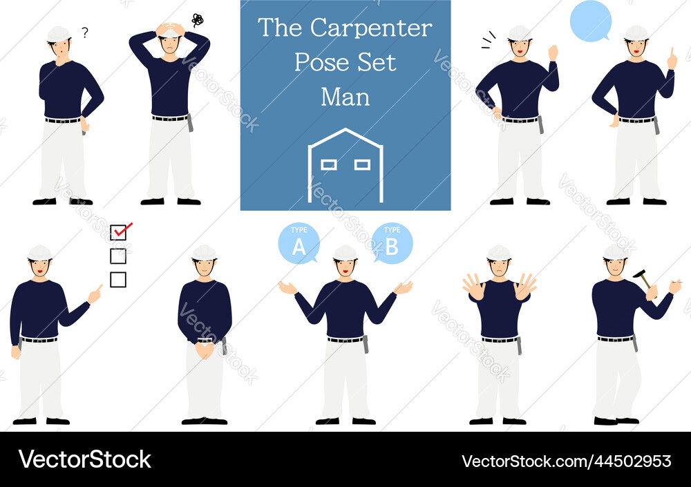 Pose set for man carpenter questioning worrying Vector Image