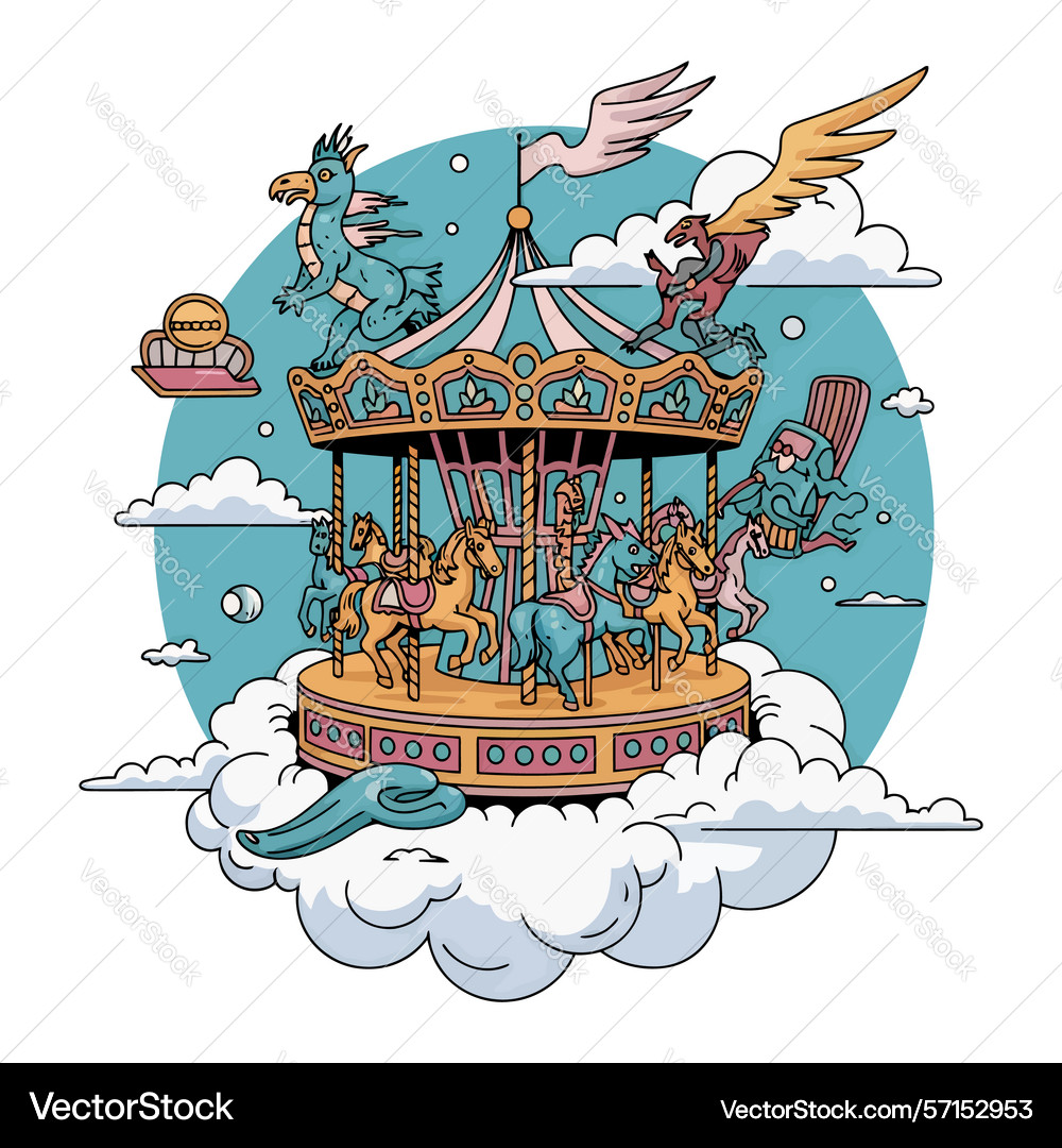 Whimsical carousel floating on clouds Vector Image