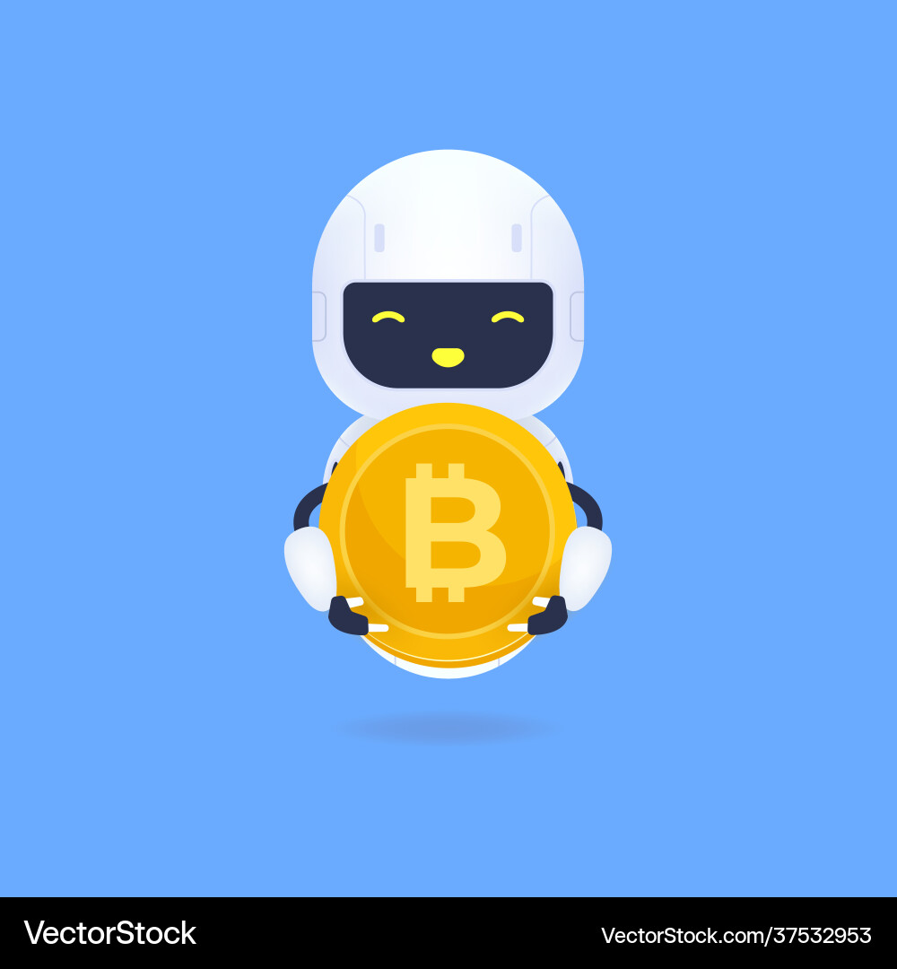 White friendly robot holding a gold bitcoin – Royalty-Free Vector |  VectorStock