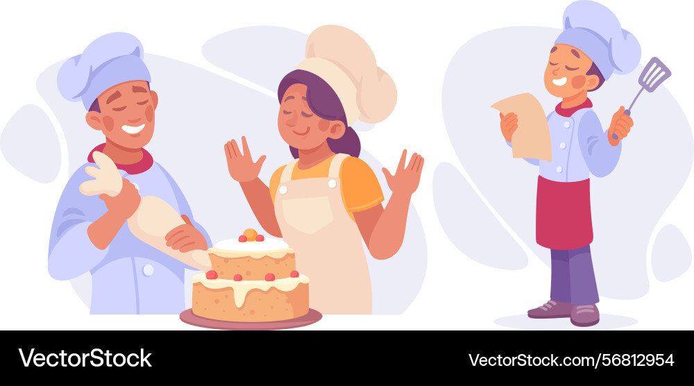 Chefs are creating an array of delicious cakes Chefs are creating an array of delicious cakes Vector Image