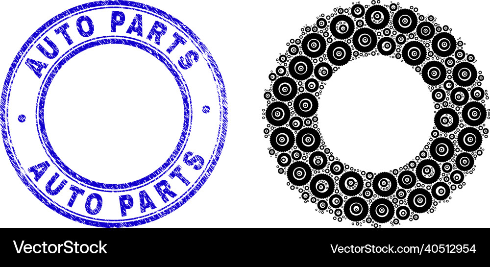 Scratched auto parts stamp seal and rubber tire Scratched auto parts stamp seal and rubber tire vector image