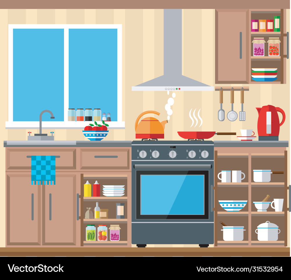 Spacious and bright kitchen with a large window Vector Image