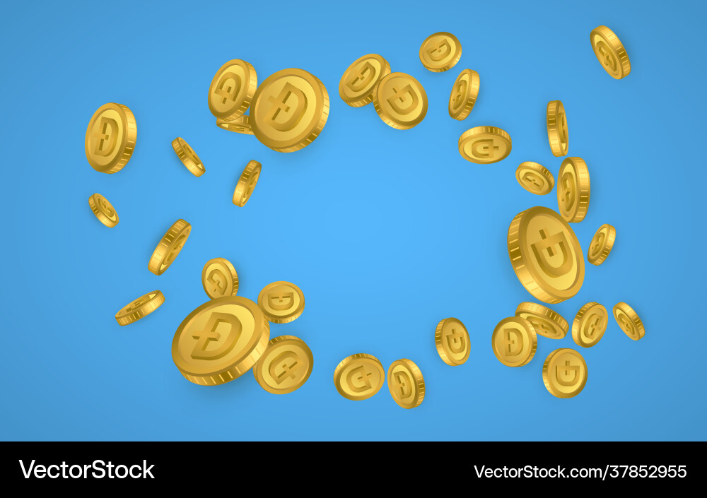 Dogecoin Goldmünzen Explosion isoliert auf blau Dogecoin Goldmünzen Explosion isoliert auf blau vektorbild