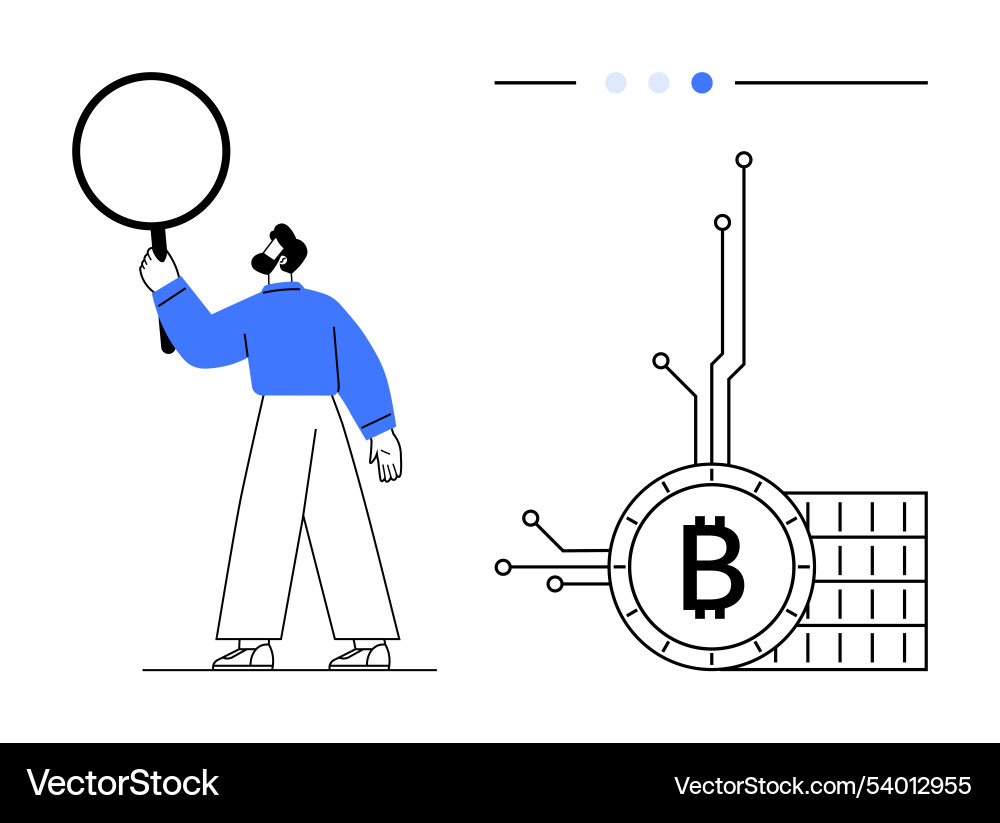 Man with magnifying glass and bitcoin symbol Man with magnifying glass and bitcoin symbol vector image
