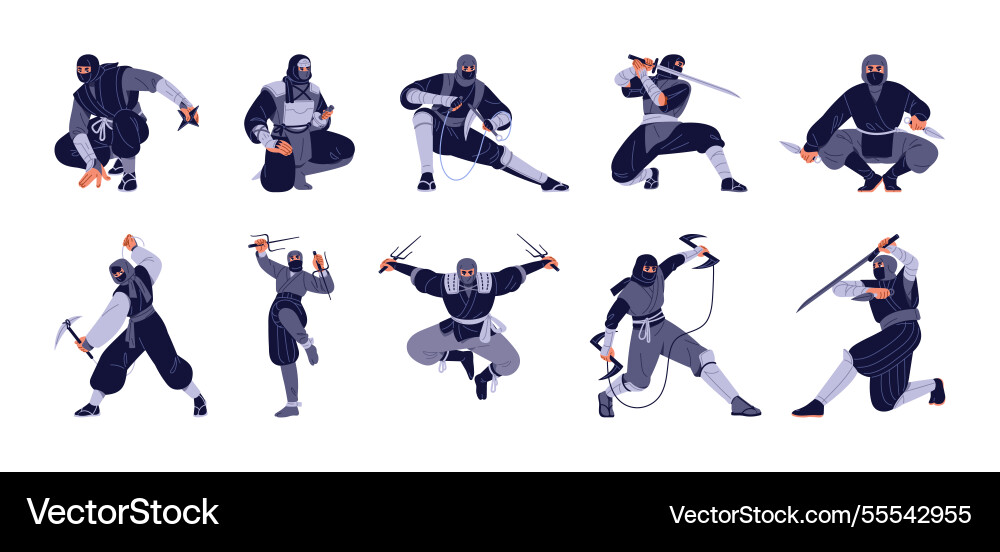 Ninja set shinobi practices with weapon- katana vector image