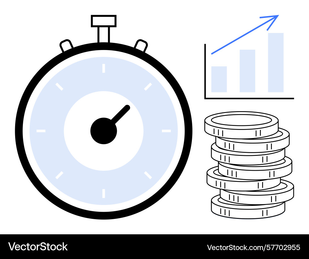 Stopwatch with coins and growth chart representing Stopwatch with coins and growth chart representing Vector Image
