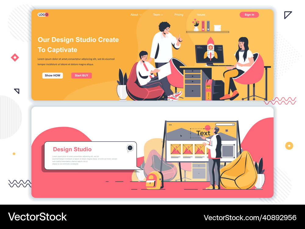 Design studio landing pages set Design studio landing pages set Vector Image