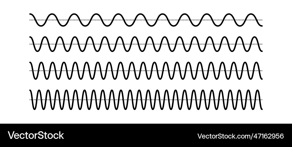 Sinusoid signals set black curve sound waves Sinusoid signals set black curve sound waves vector image