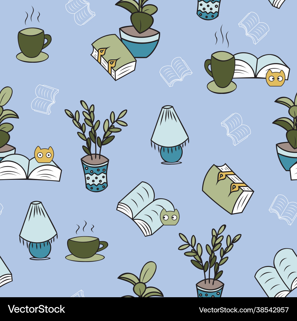 Cosy reading plants and blobs repeated pattern Cosy reading plants and blobs repeated pattern Vector Image