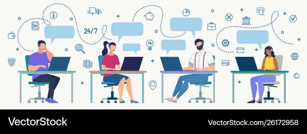 Call center operators at work flat concept vector image
