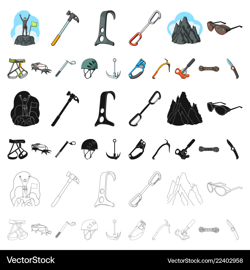 Mountaineering and climbing cartoon icons in set Mountaineering and climbing cartoon icons in set vector image