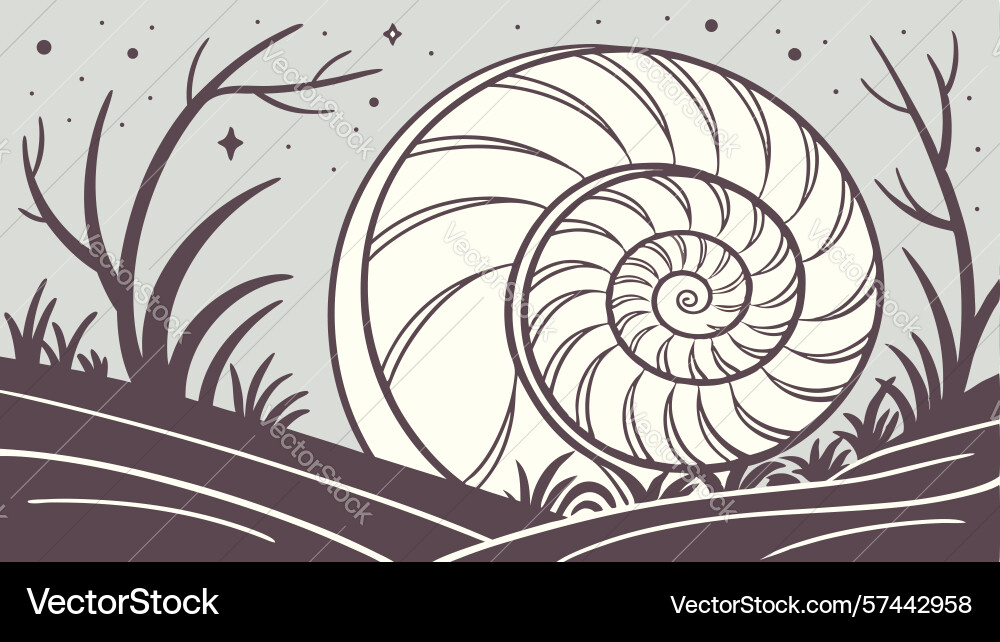 Nautilus shell on dry landscape with twisted bare vector image