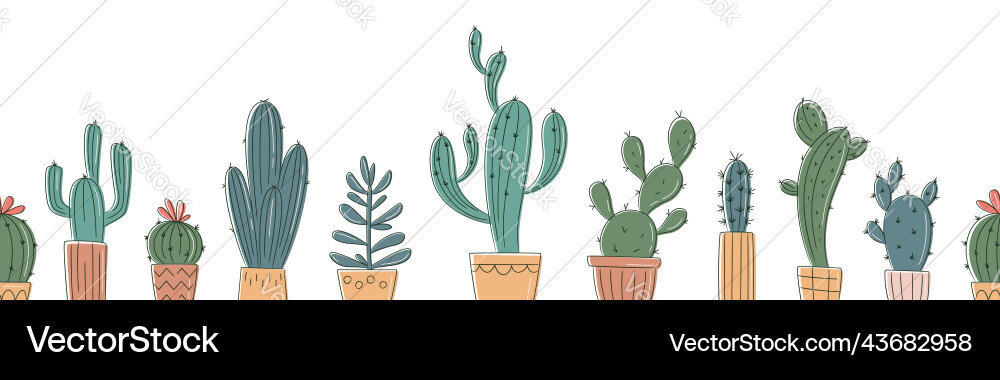 Seamless horizontal pattern with cactus in pots Vector Image