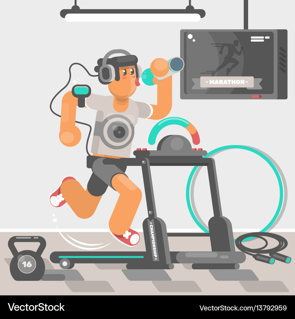 Man listening to music while running on treadmill vector image