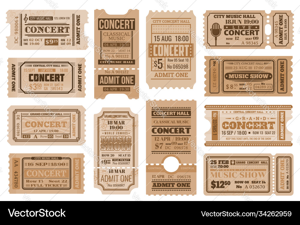 Music concert retro tickets admits templates set Music concert retro tickets admits templates set Vector Image