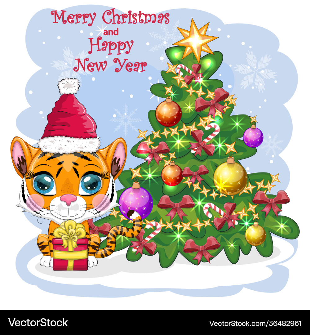 Cartoon tiger in a hat and scarf with gift near Cartoon tiger in a hat and scarf with gift near vector image
