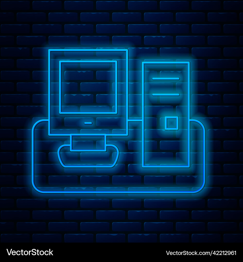 Glowing neon line computer monitor with keyboard vector image