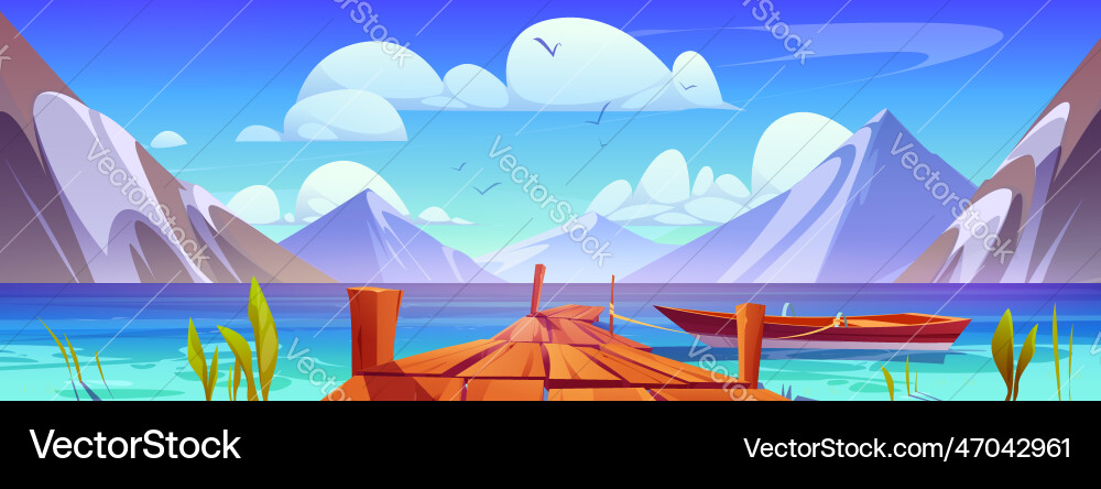 Pier on lake with mountain view cartoon landscape Pier on lake with mountain view cartoon landscape vector image