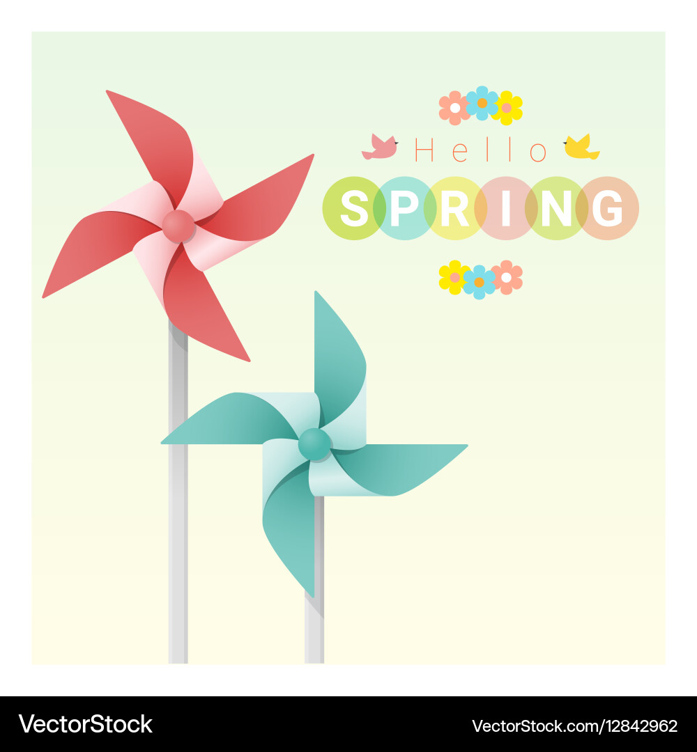 Hello spring background with colorful pinwheels 2 vector image