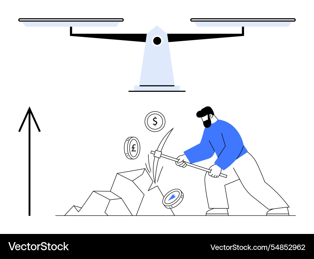 Man mining cryptocurrencies with pickaxe while vector image