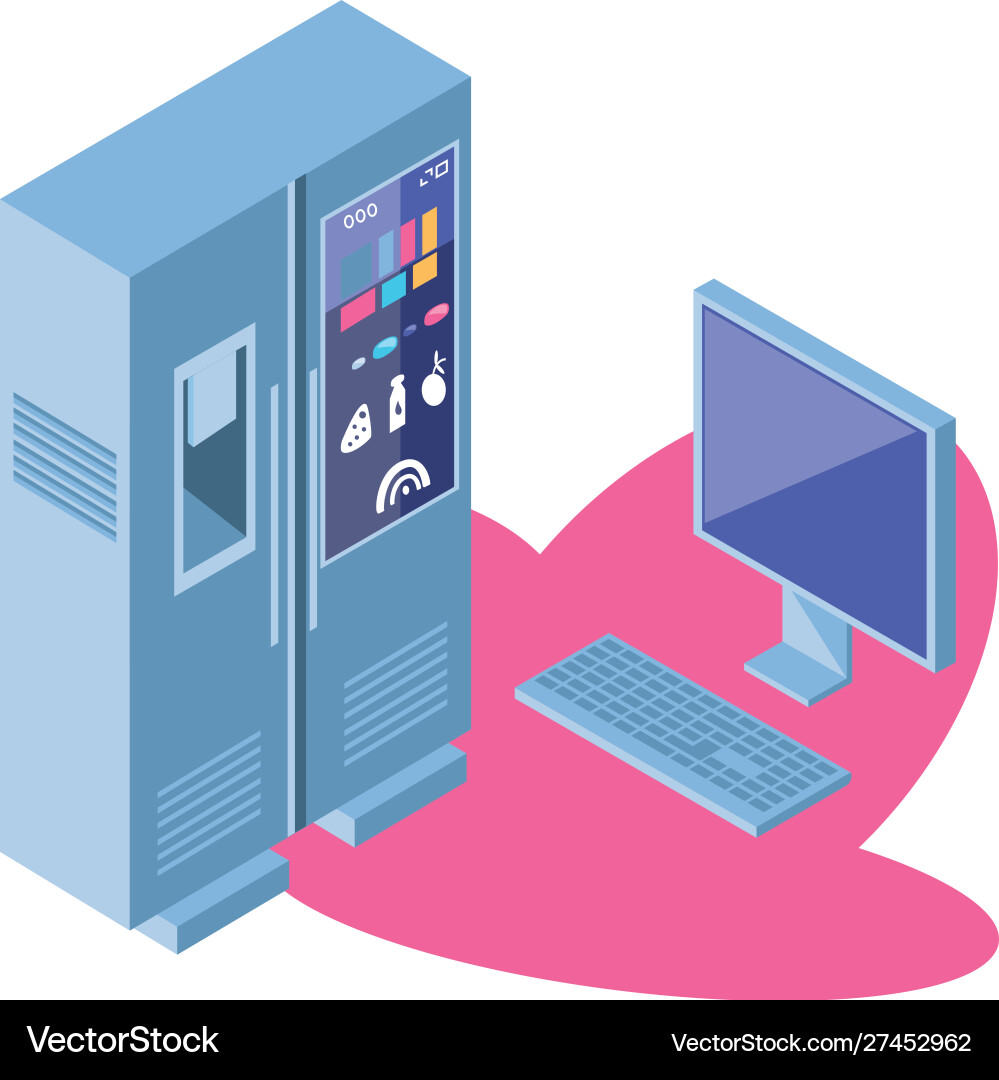 Smart fridge with desktop computer screen Smart fridge with desktop computer screen vector image