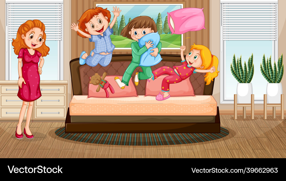 Bedroon scene with mother looking at her children Bedroon scene with mother looking at her children vector image