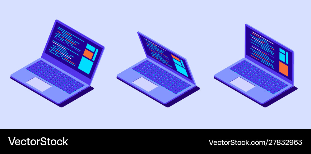 Isometric laptop with program code on screen Vector Image