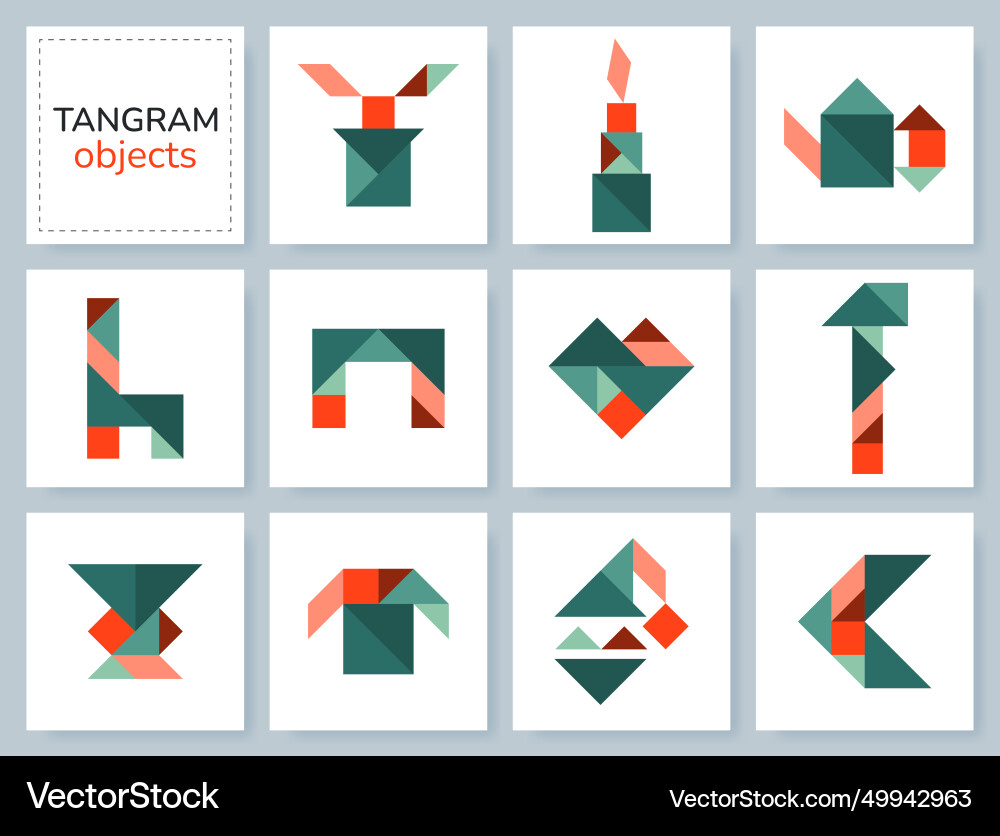 Tangram puzzle set with various objects Tangram puzzle set with various objects vector image