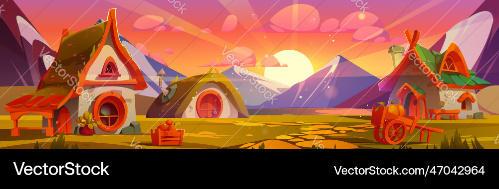Cartoon dwarf village in mountain valley at sunset Cartoon dwarf village in mountain valley at sunset vector image