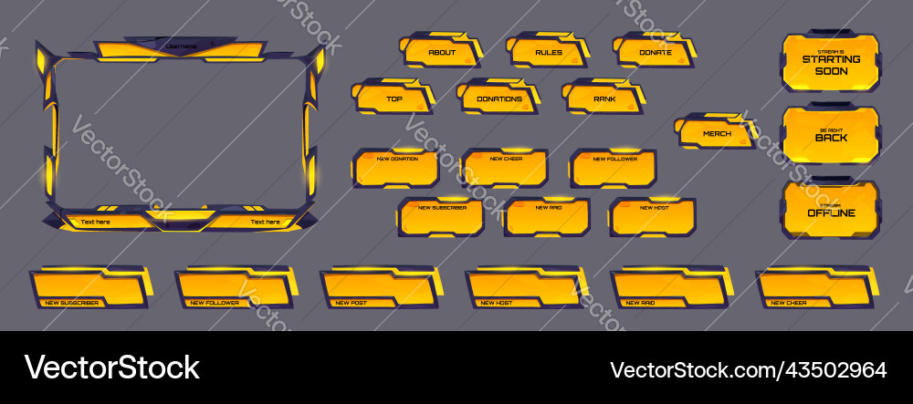 Game stream overlay yellow neon ui frame buttons Vector Image