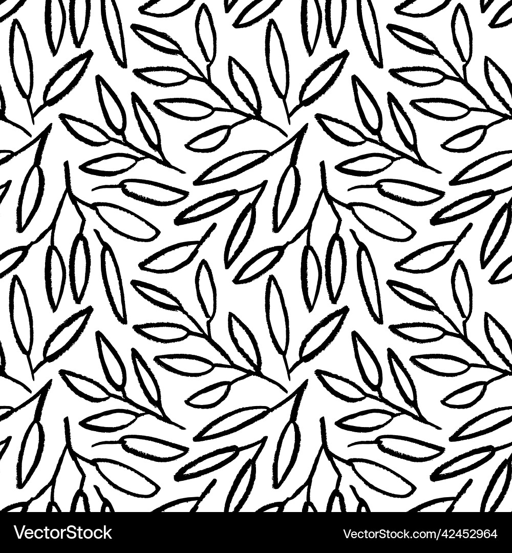 Linear black branches with leaves seamless pattern vector image