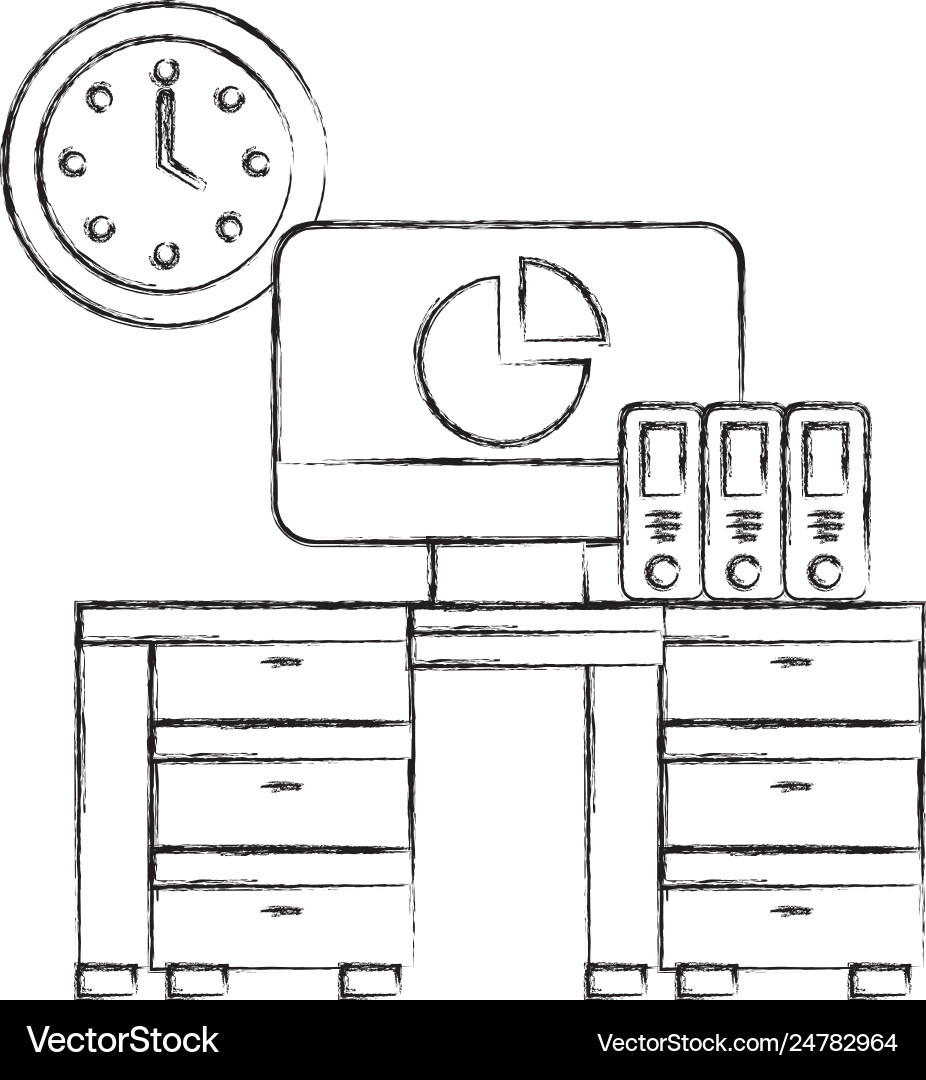 Office desk computer binders clock objects vector image