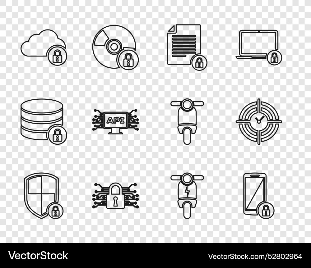 Set line shield security with lock smartphone Set line shield security with lock smartphone Vector Image