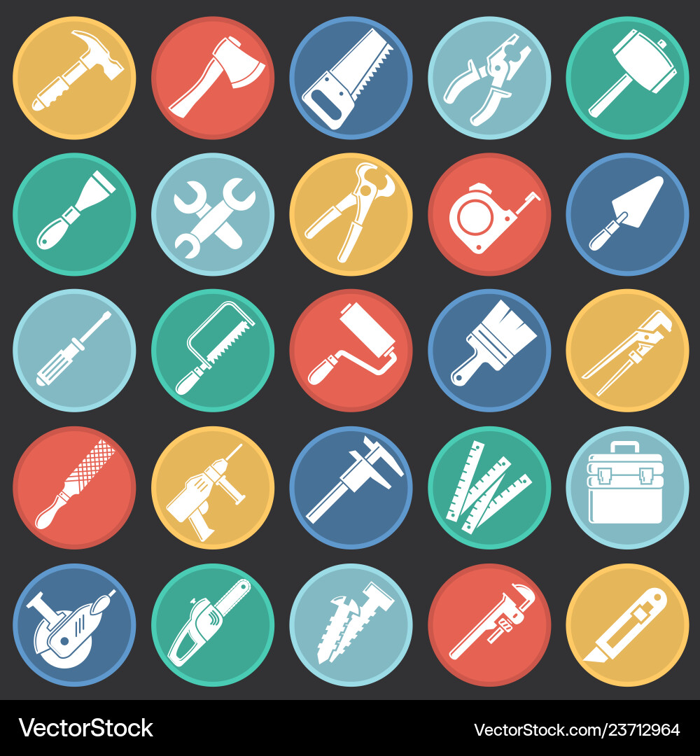 Tools icons set on color circles black background vector image