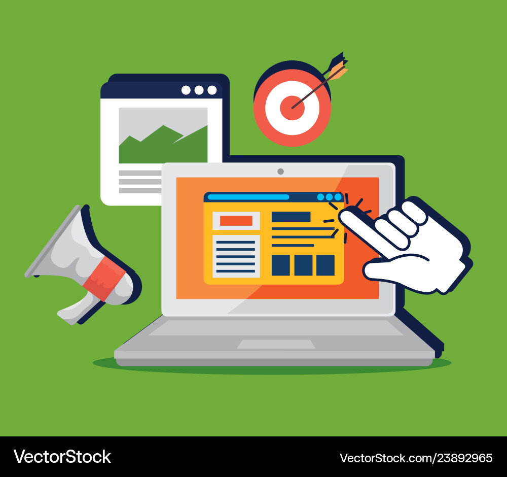 Laptop with hand pointer cursor and website Laptop with hand pointer cursor and website vector image