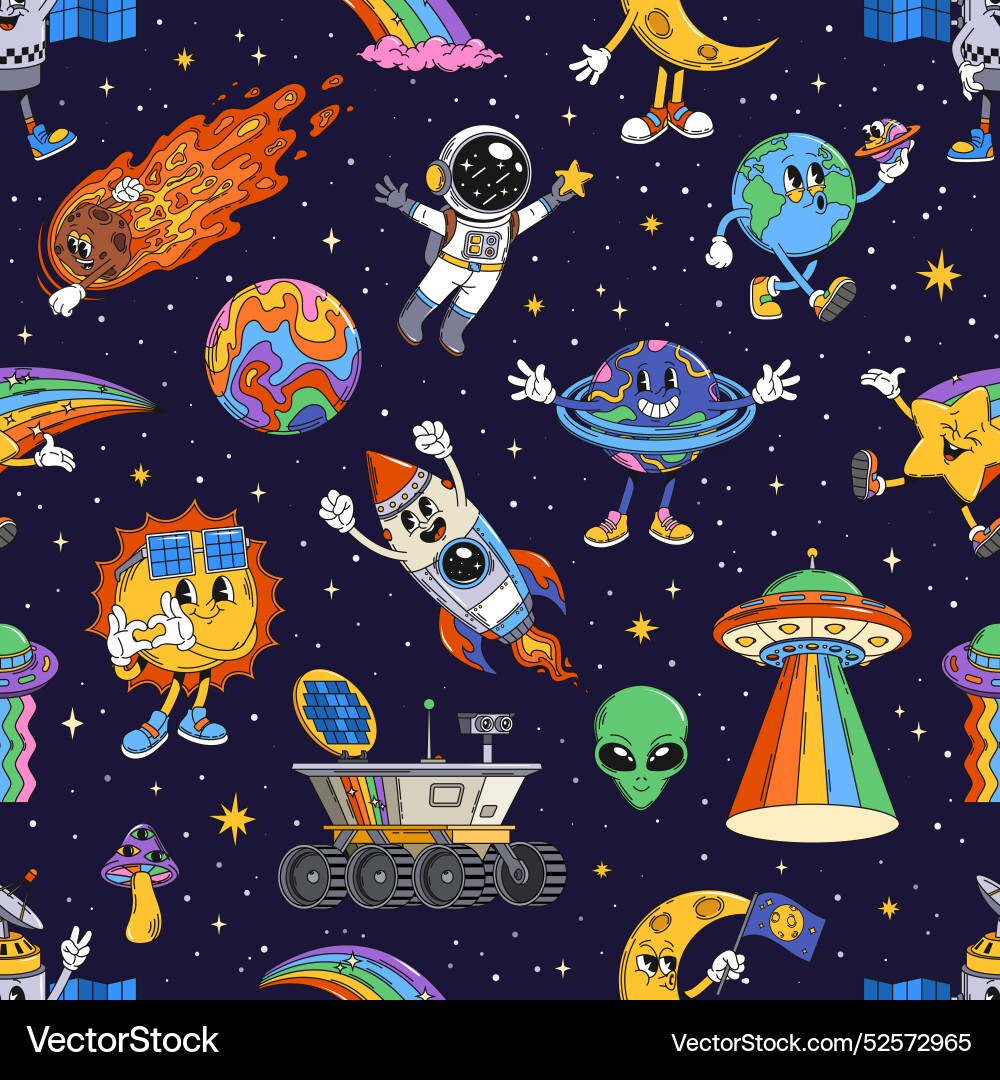 Retro groovy space characters seamless pattern Retro groovy space characters seamless pattern vector image