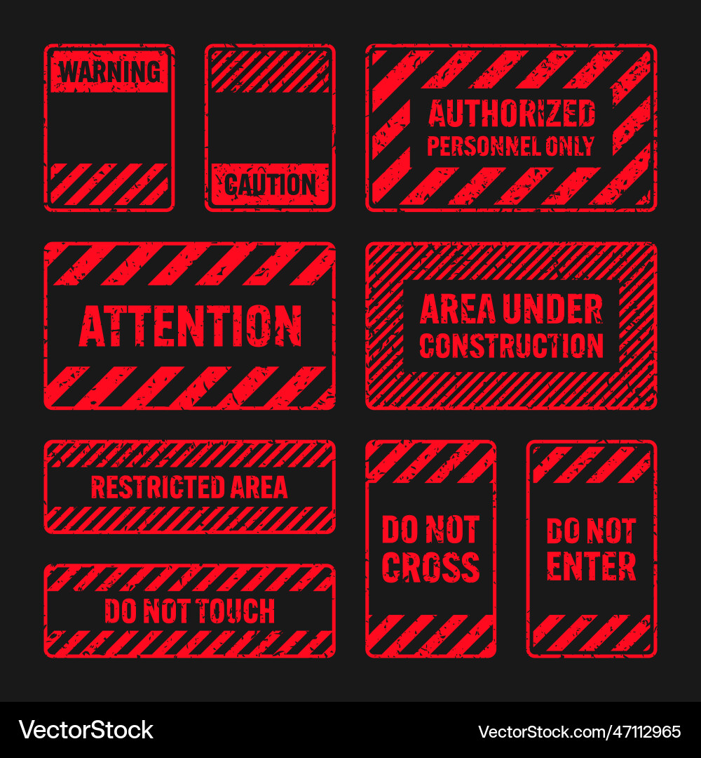 Various red grunge warning signs with diagonal vector image