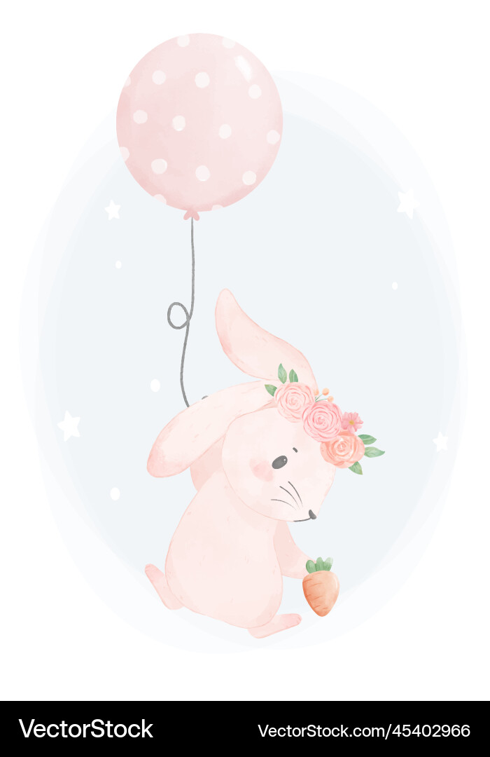 Cute baby pink bunny rabbit floating by a balloon Cute baby pink bunny rabbit floating by a balloon vector image