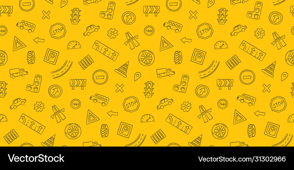 Doodle seamless pattern with cars road signs Doodle seamless pattern with cars road signs vector image